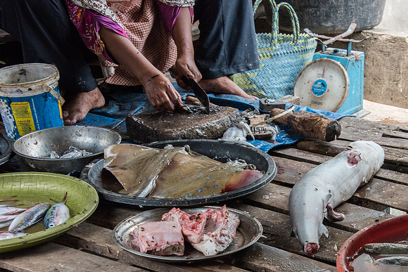 Fish Stall and Preparation in Food Market