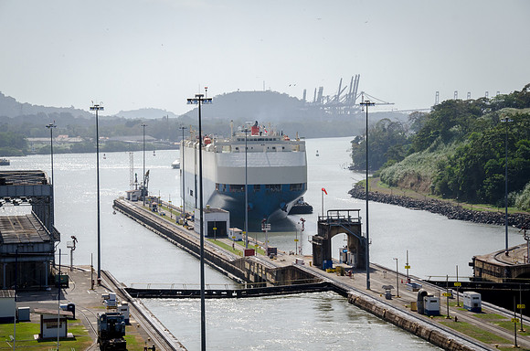 Car Transporter Ship Navigating Miraflores Locks